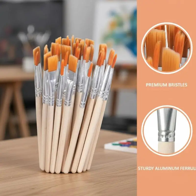 20 50 Wood Handle Painting Brushes Art Round Flat Hair Nylon Paint Qme
