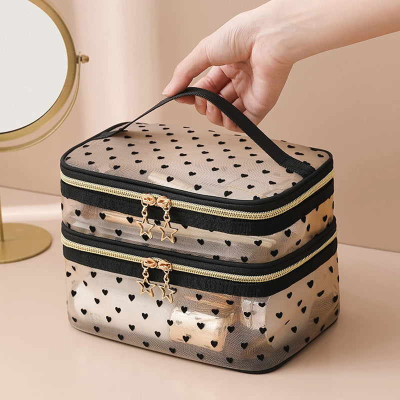 Women Toiletry Bag Double Layer Design Cosmetic Large Capacity Mesh Qme