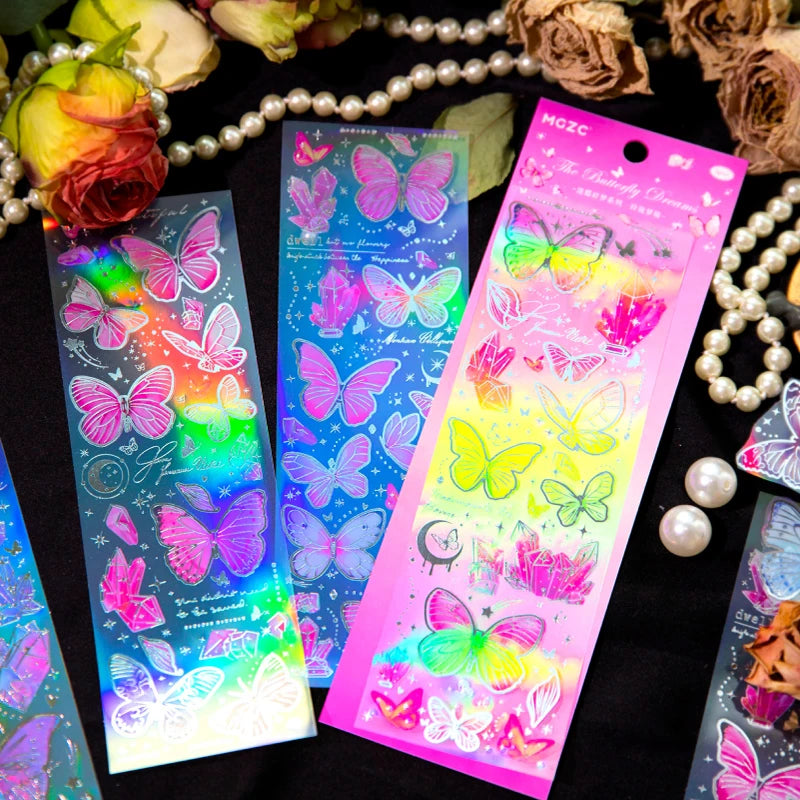 3 pcs Laser Butterfly Series Art Collage Junk Journal Supplies DIY Scrapbooking Stickers PET Waterproof Craft Aesthetics Sticker Qme