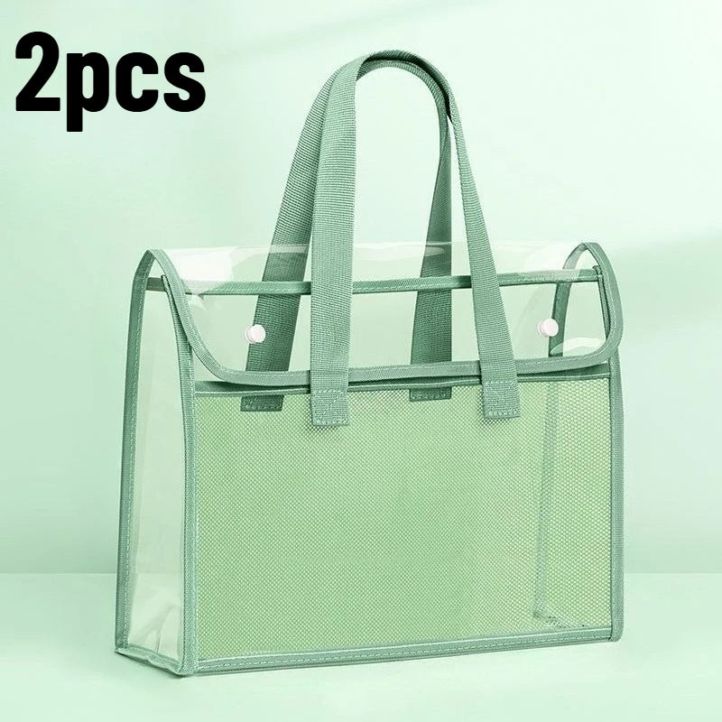 2pcs Large-capacity Transparent PP File Bag, Suitable for Stationery- Durable Portable File Box with Visible Content Design Qme Green