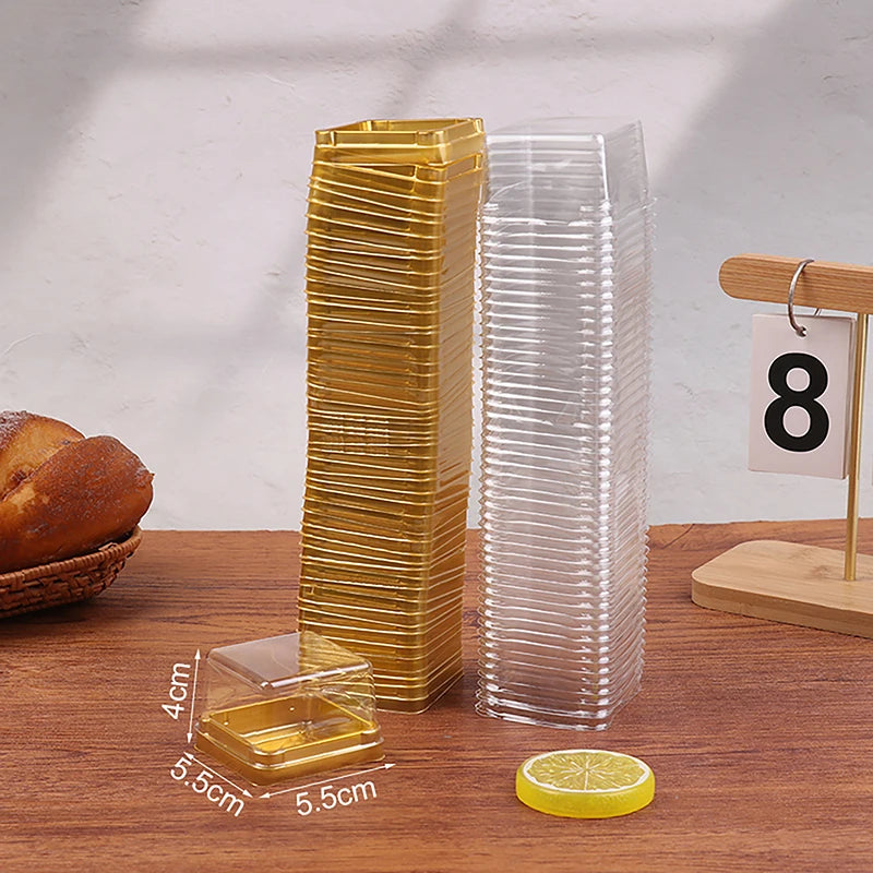 50Pcs Dessert Egg-Yolk-Puff BoxTransparent Square Plastic Muffin Packaging Boxes Moon Cake Container Baking Food Packing Qme 50g Gold