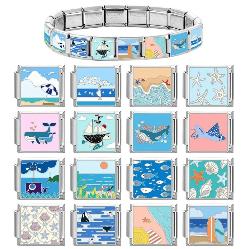 Original Colored Glaze Star Sun Starfish Ocean Italian Charm Stainless Steel Link Fit 9mm Modular Bracelet DIY Jewelry Wholesale Qme