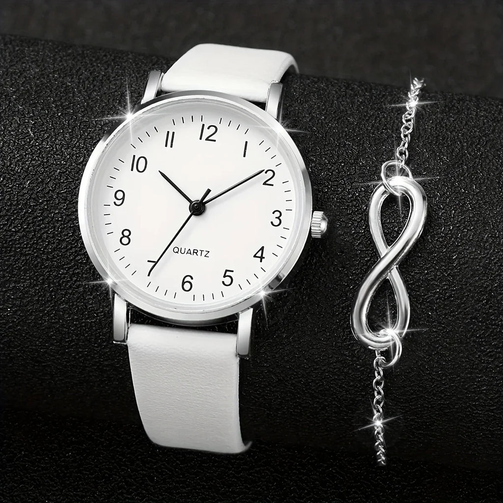 2pcs/set Casual Fashion Quartz Watch Analog PU Leather Wrist Watch & Bracelet, Gifts For Women Her Qme