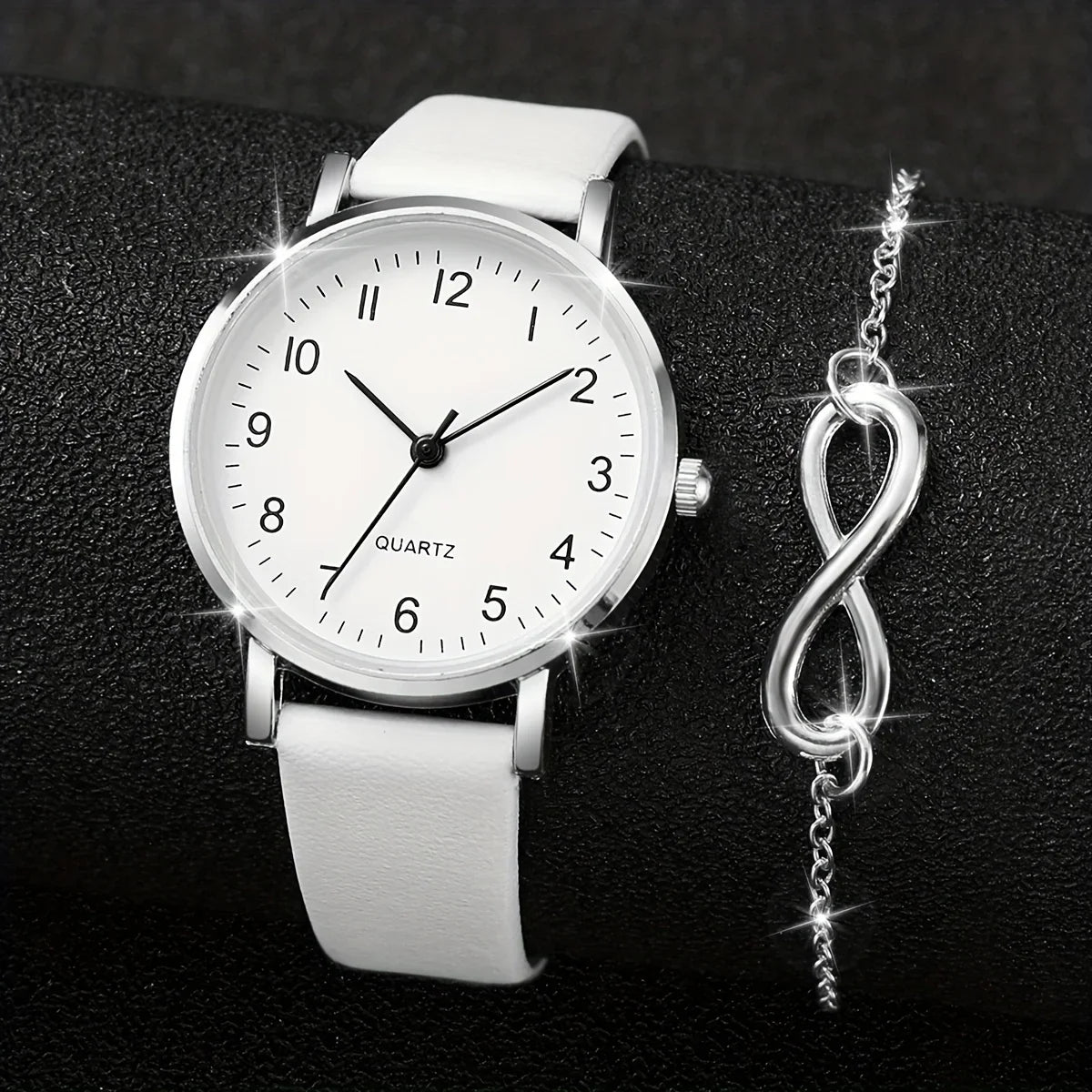 2pcs/set Casual Fashion Quartz Watch Analog PU Leather Wrist Watch & Bracelet, Gifts For Women Her Qme