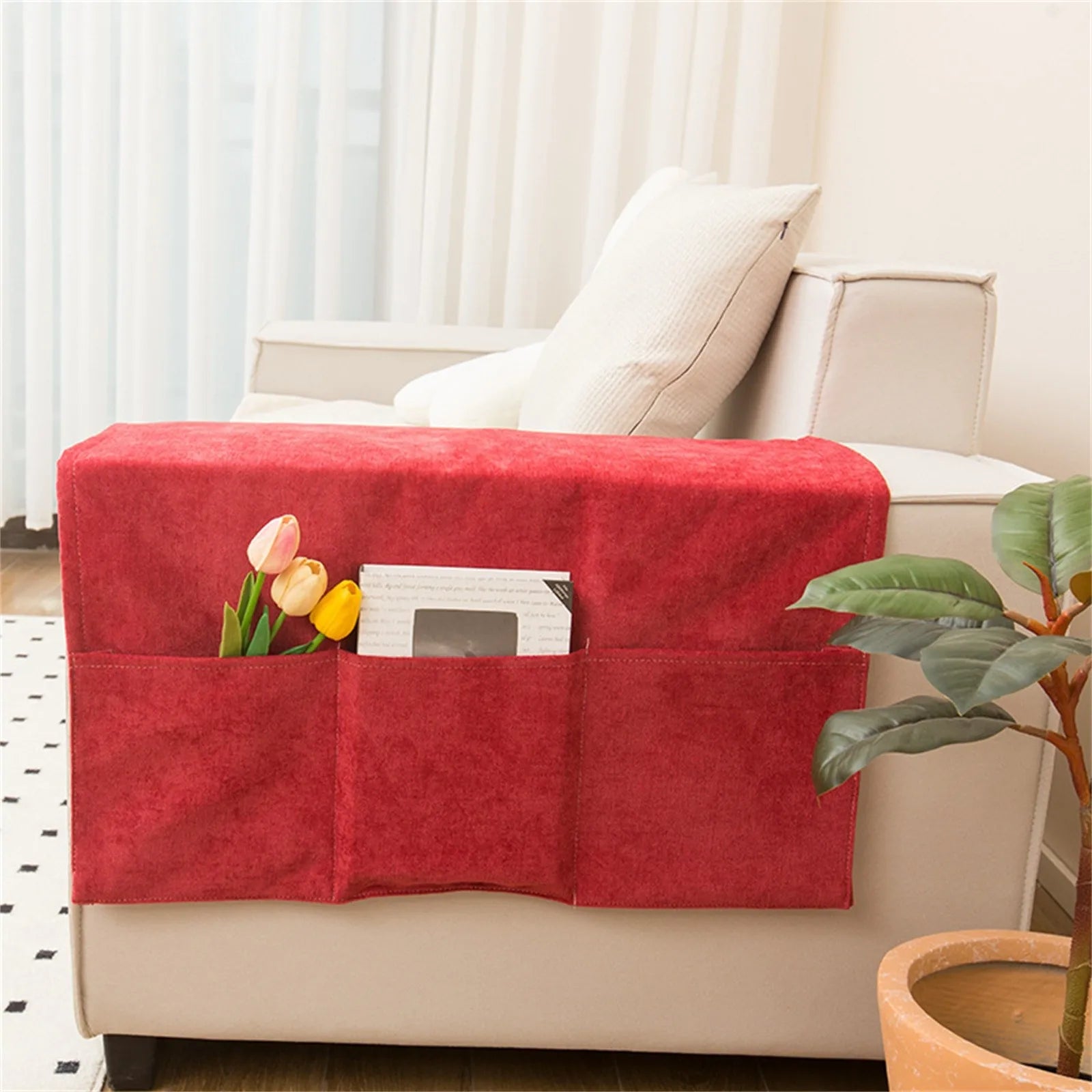 Sofa Armrest Organizer with Pockets Sofa Armchair Storage Bag Non-Slip Hanging Couch Pouch for TV Remote Control Cellphone Bag Qme Red
