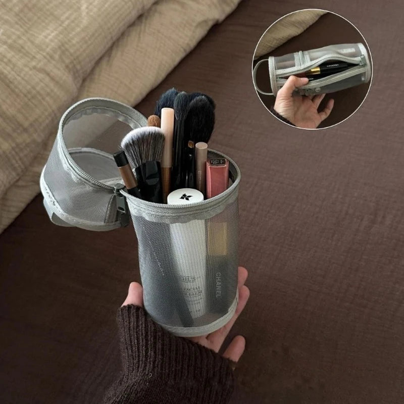 Mesh Dual-use Makeup Brush Storage Bag Portable Stand-up Pouch Large Qme