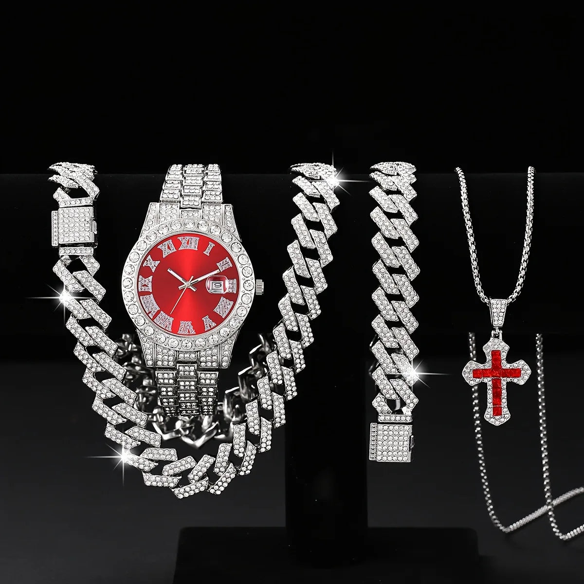 Men's Bling Jewelry Set: Silver Iced Out Watch + Cuban Link Chain + Bracelet + Blue Cross Pendant Necklace, 4Pcs Hip Hop Set Qme Rose