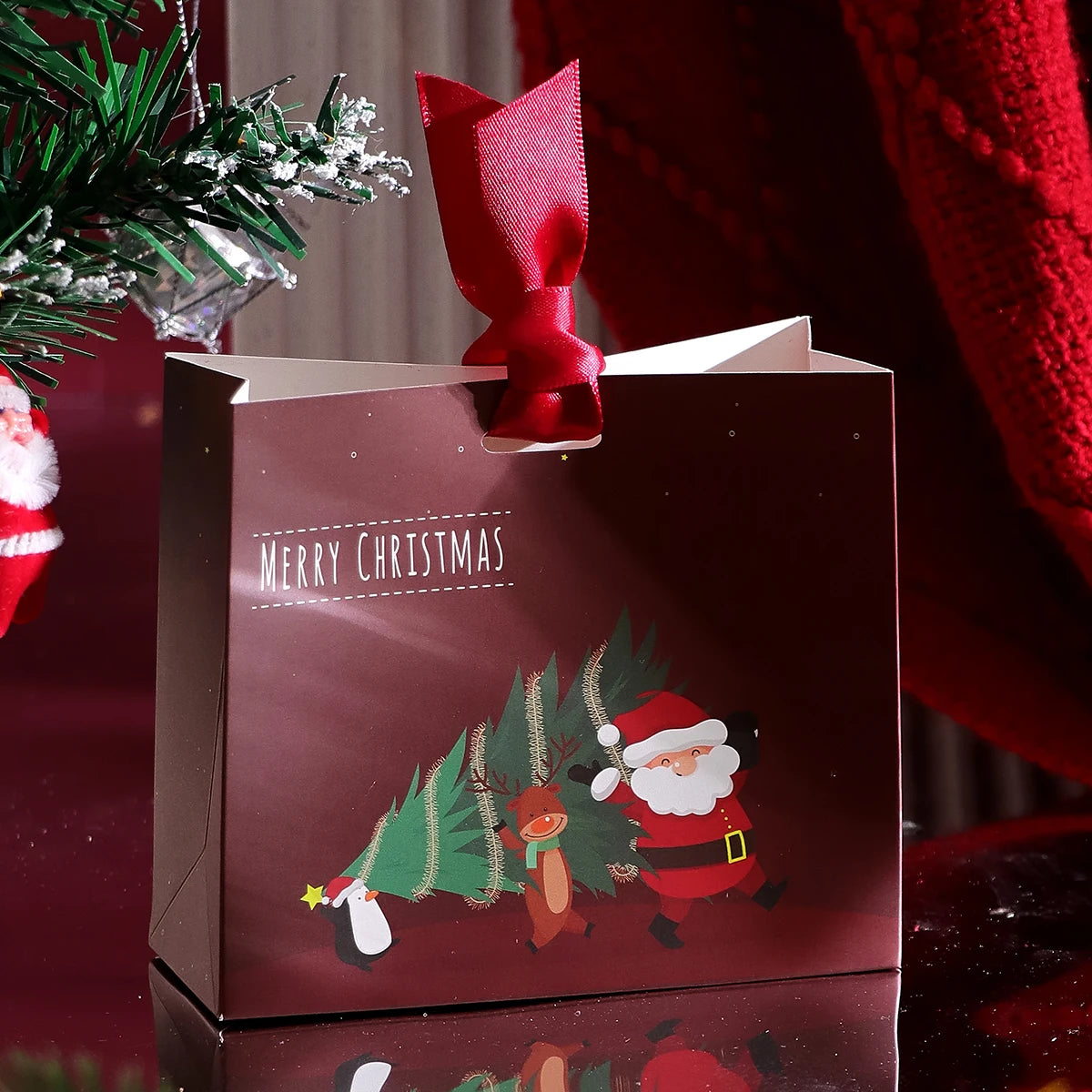 Pack of 10 Festive Christmas Mini Gift Bags with Ribbons - Colorful Design Featuring Christmas Tree, Santa and Merry Christmas W Qme Red Other Other