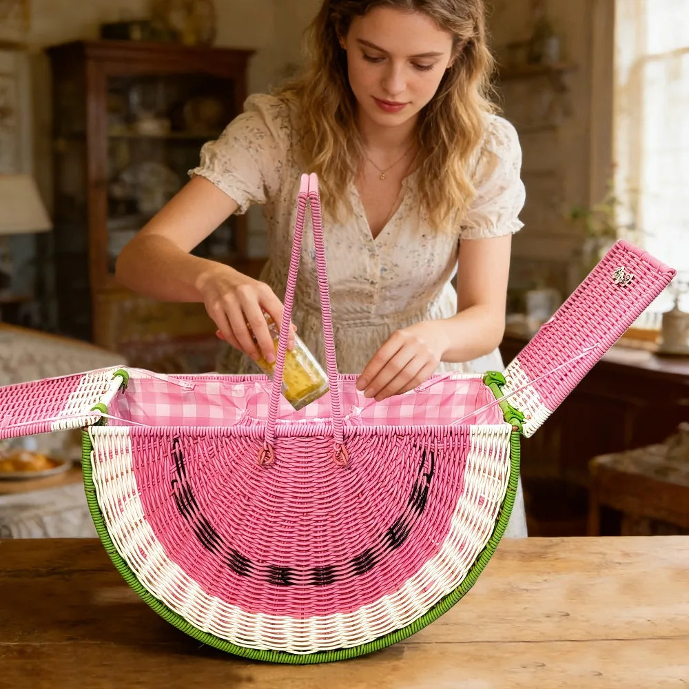 Picnic Basket Retro Watermelon Shaped Picnic Hamper Imitation Rattan Woven Storage Basket with Handle Large Capacity for Camping Qme