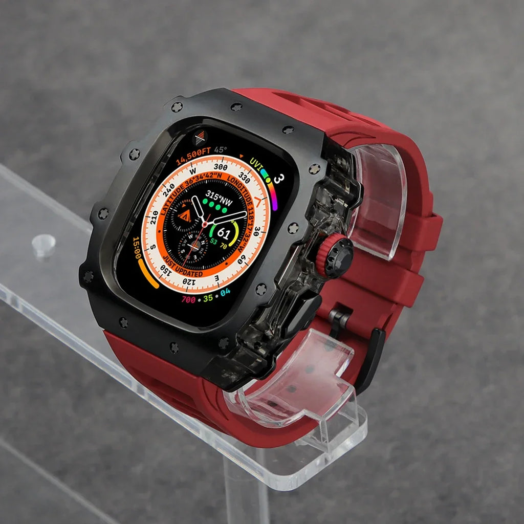Luxury Modification Kit For Apple Watch Ultra 2 49mm 45mm 44mm Stainless Steel Case For IWatch 9 8 7 6 Crystal Button Sport Band Qme Red-B 45mm-Series 9 8 7