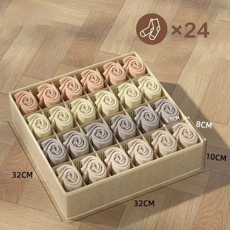 Portable Non-woven Fabric Underwear Storage Box Socks Clothes Storage Organizer Drawer Type Three-piece Set Home Organization Qme 24grid beige-1pcs