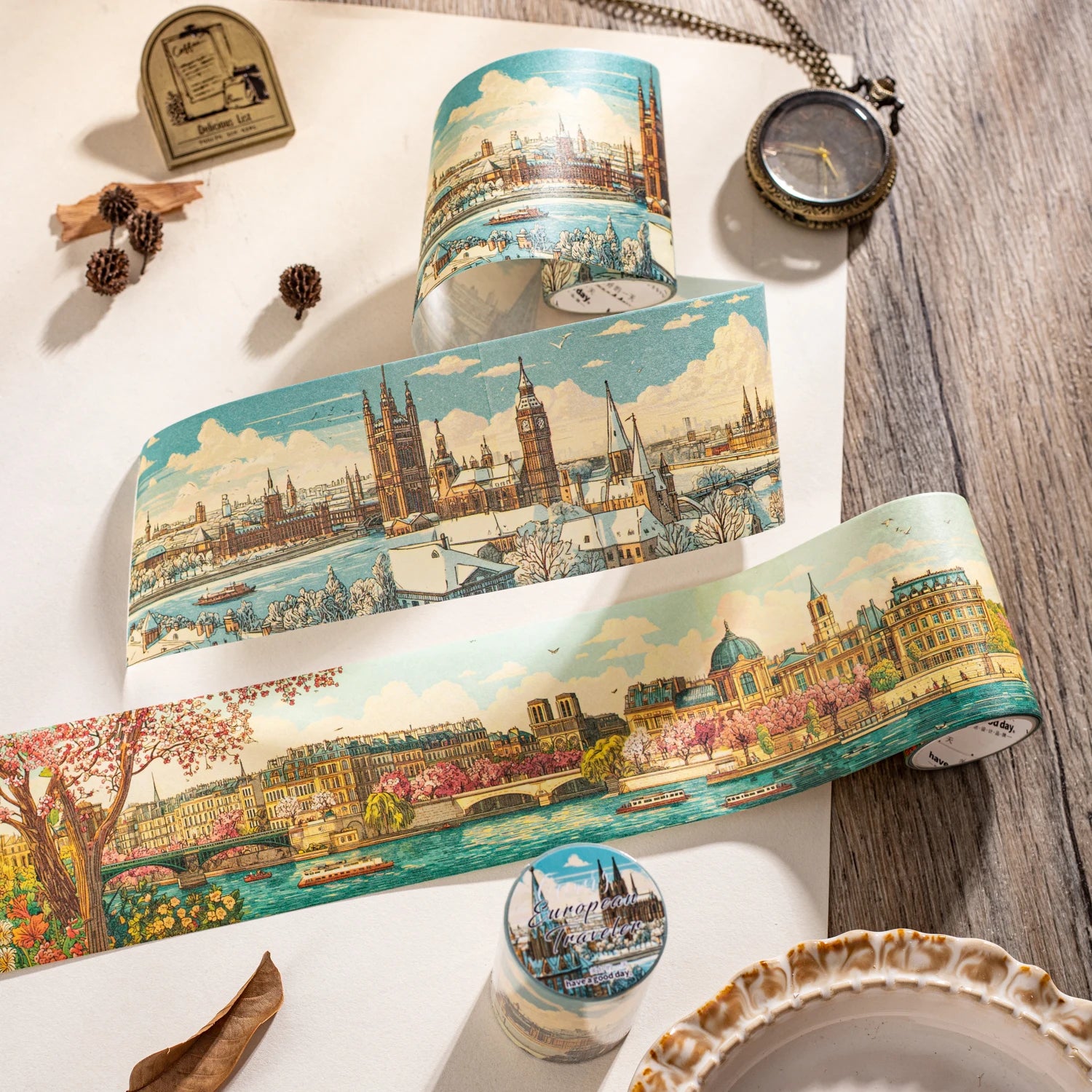1 Roll European Travel Scenery Theme Washi Tape for Journal Scrapbooking DIY Collage Art Phone Case Decoration Qme