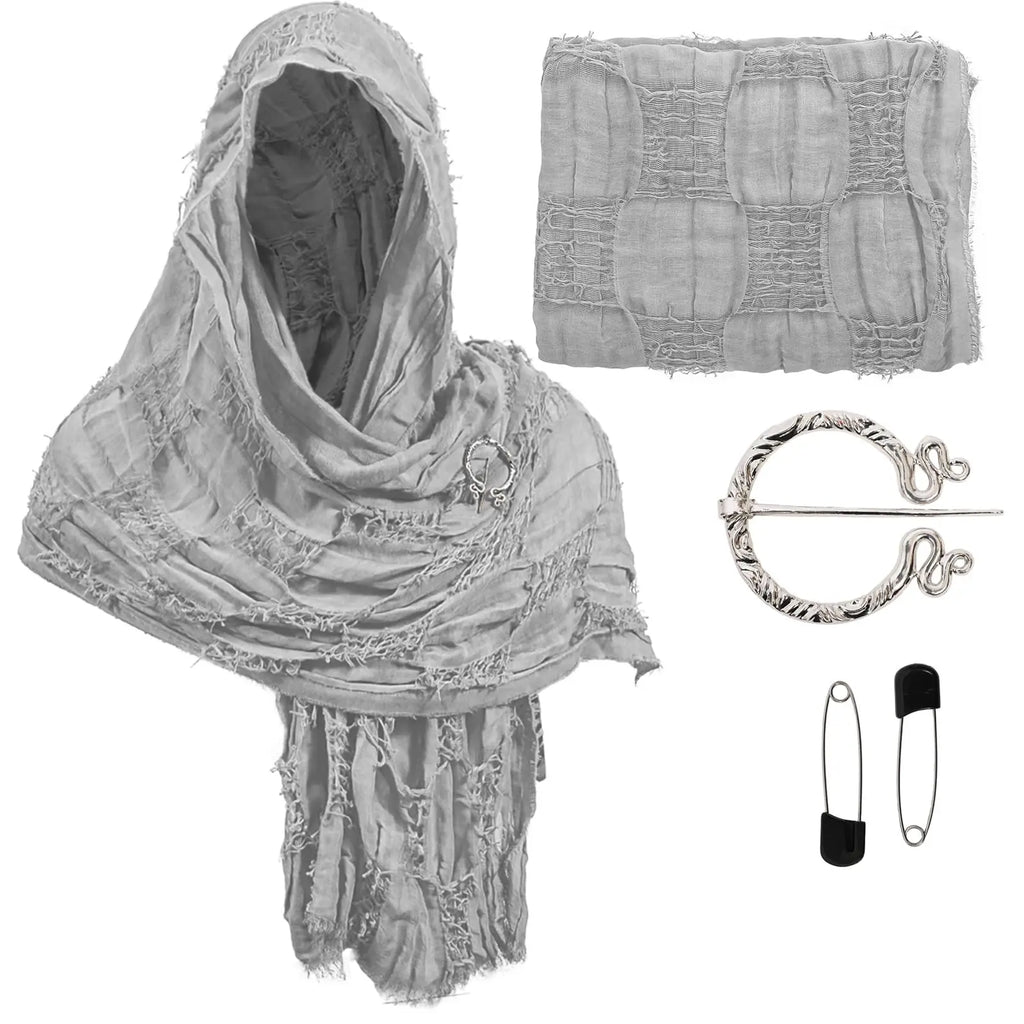 Adult Medieval Hooded Shawl Renaissance Cowl Hood Wasteland Desert Scarf Brooch Paperclip Viking Half Cape Dune Costume Qme WHITE One Size