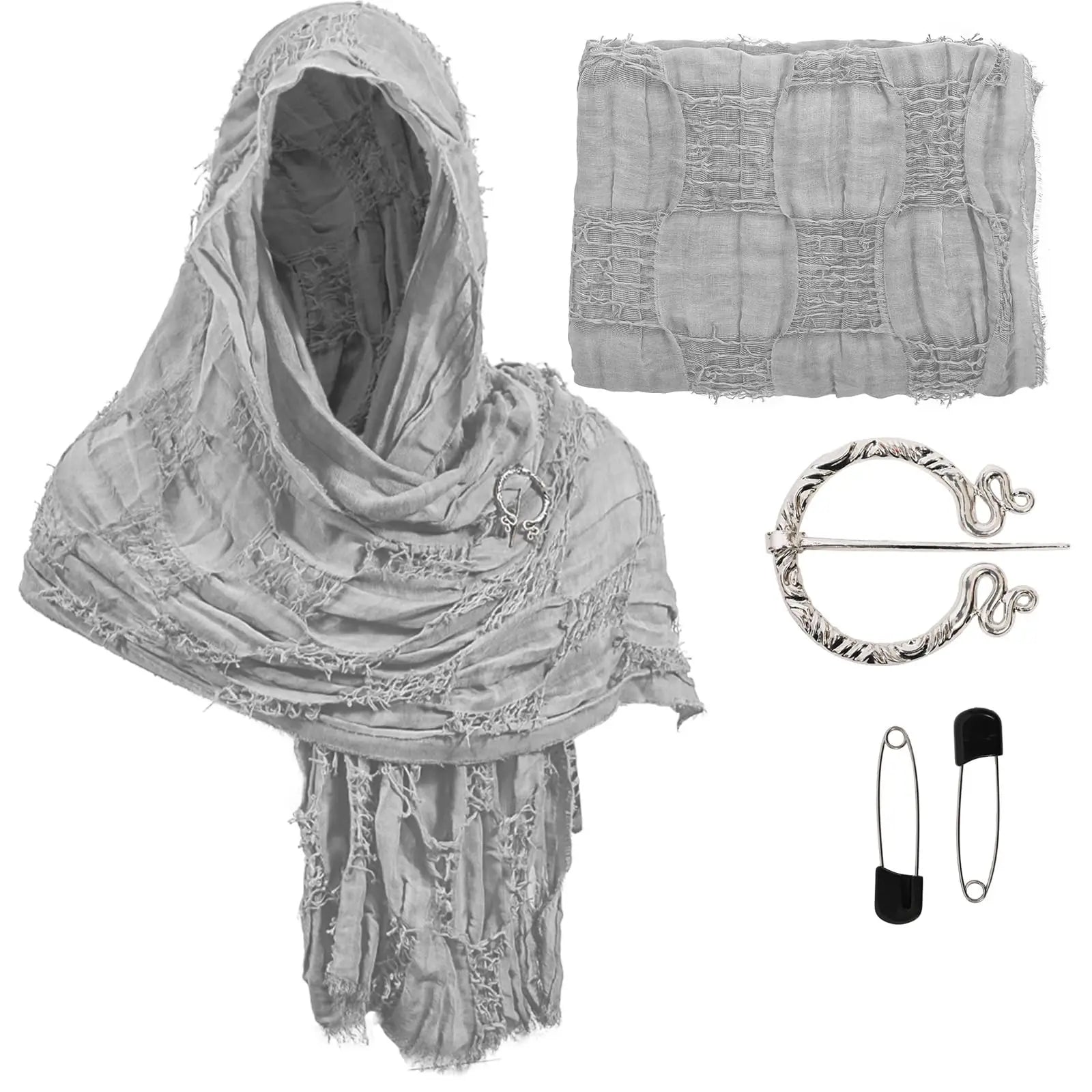 Adult Medieval Hooded Shawl Renaissance Cowl Hood Wasteland Desert Scarf Brooch Paperclip Viking Half Cape Dune Costume Qme WHITE One Size