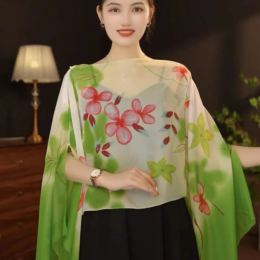 Multifuctional Breathable Shawl Flower Pattern Long Length Sun Protection Shawl Lightweight Breathable Fabric Chiffon Scarf Qme Style L