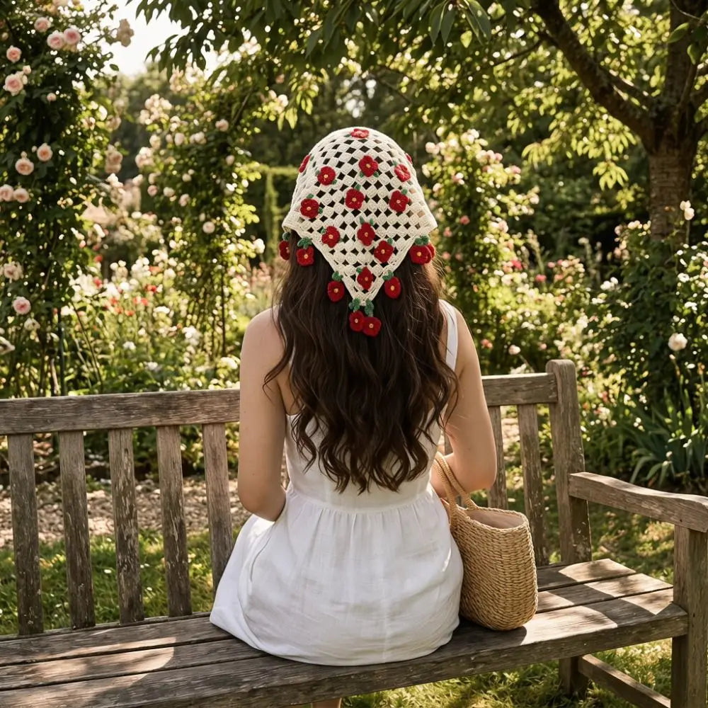 Cute Floral Knitted Flower Headband French Countryside Style Triangle Turban Bohemian Pastoral Women Hair Scarf Girls Qme