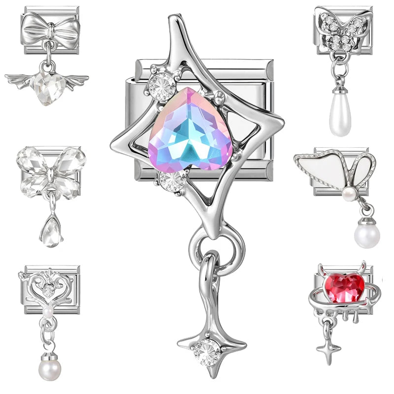 Shiny Colorful Zircon Butterfly Heart Planet Italian Charm Links Fit 9mm Stainless Steel Bracelet Women Jewelry DIY Making Gifts Qme