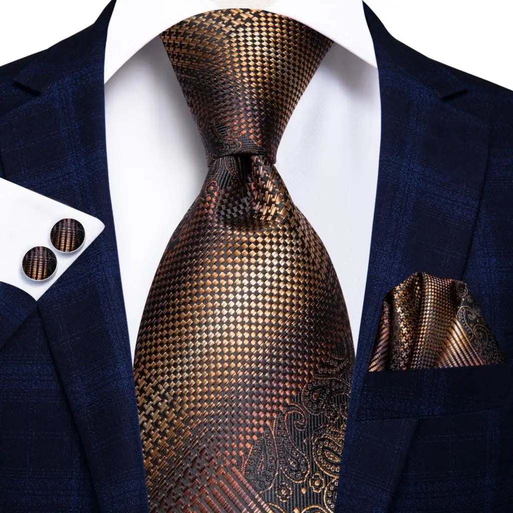 Hi-Tie Paisley Brown Tie For Men Elegant Mens Necktie Pocket Square Cufflink Groom Wedding Accessory Wholesale New Designer Qme 1N-3077