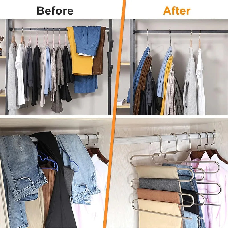 5-layer S-shaped Stainless Steel Trouser Rack Multifunctional Hanger Space-saving Non-slip Pants Storage Accessories Qme