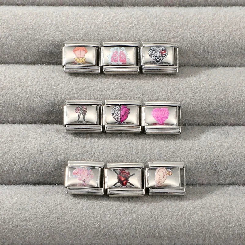 Fashion Y2K Lips Heart Brain Lungs Ears Colorful Italian Charm Links Stainless Steel Fit 9mm Bracelet Jewelry DIY Making Gifts Qme