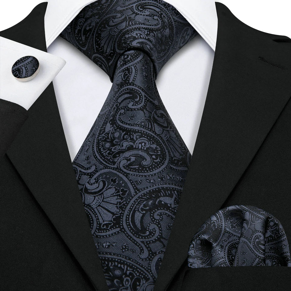 Hi-tie Extended Men's Black Luxury Textured Tie Portable Cufflinks Qme N-3517