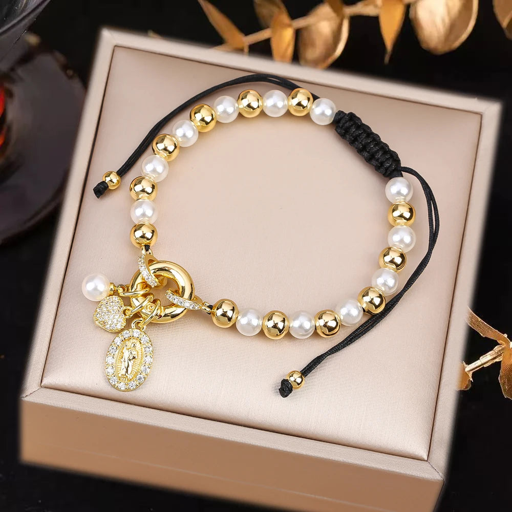 New Design Pearl Copper Braided Virgin Mary Zirconia Black Rope Bracelet Fashion For Woman Daily Party Jewelry Religious Gift Qme B