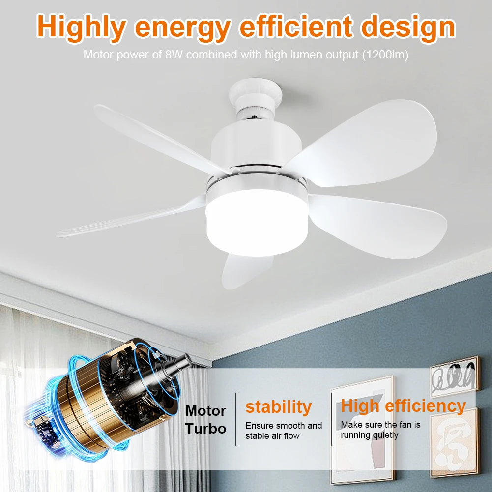 Silent Ceiling Fan with LED Lantern Remote Control Universal Dimming Fan E26/E27 Base Detachable Five Leaf Fan for Home Outdoor Qme
