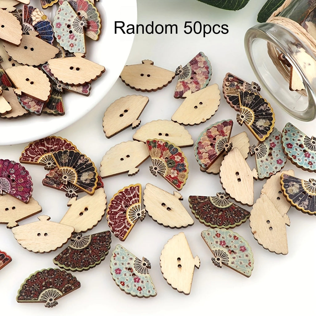 Vintage Fan-Shaped Wooden Buttons, Printed Wood Decorative Buttons For DIY Crafts Qme Random 50PCS