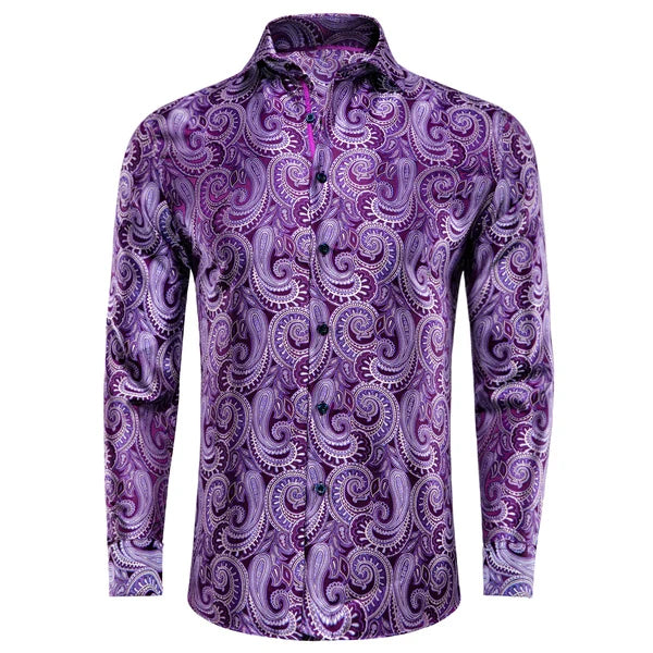 Single Paisley Long Sleeve Shirt Men, Gold or Purple or Black or Blue or Brown, Loose Button Collar Daily Casual Wear Qme