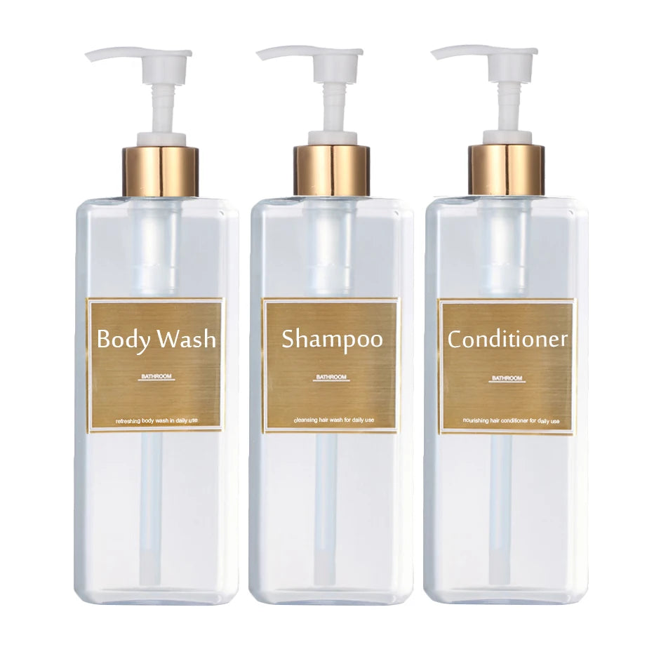 500ml/16.9oz Shampoo Dispenser Press Pump Bottle with Gold Waterproof Labels Bathroom Shampoo Conditioner Body Wash Bottles Qme clear