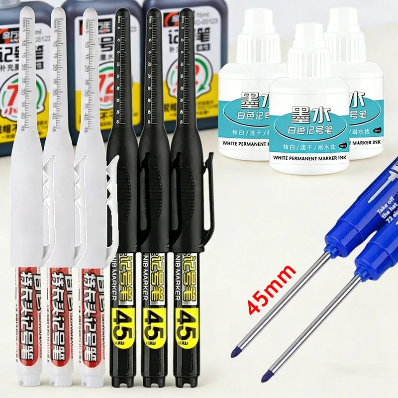 Black/Blue/white Ink 45mm Waterproof Deep Hole Marker Pens Long Nib Head Carpenter Pen for Multi-Purpose Woodworking Hand Tools Qme