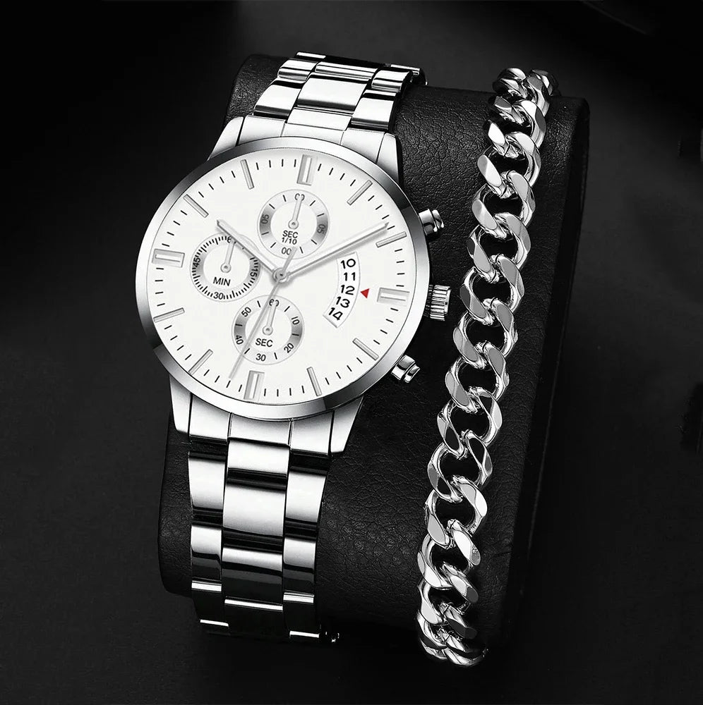 Quartzo em aço inoxidável masculino Relógio de pulso, Relógio de luxo, Calendário, Relógios de negócios Qme Silver G