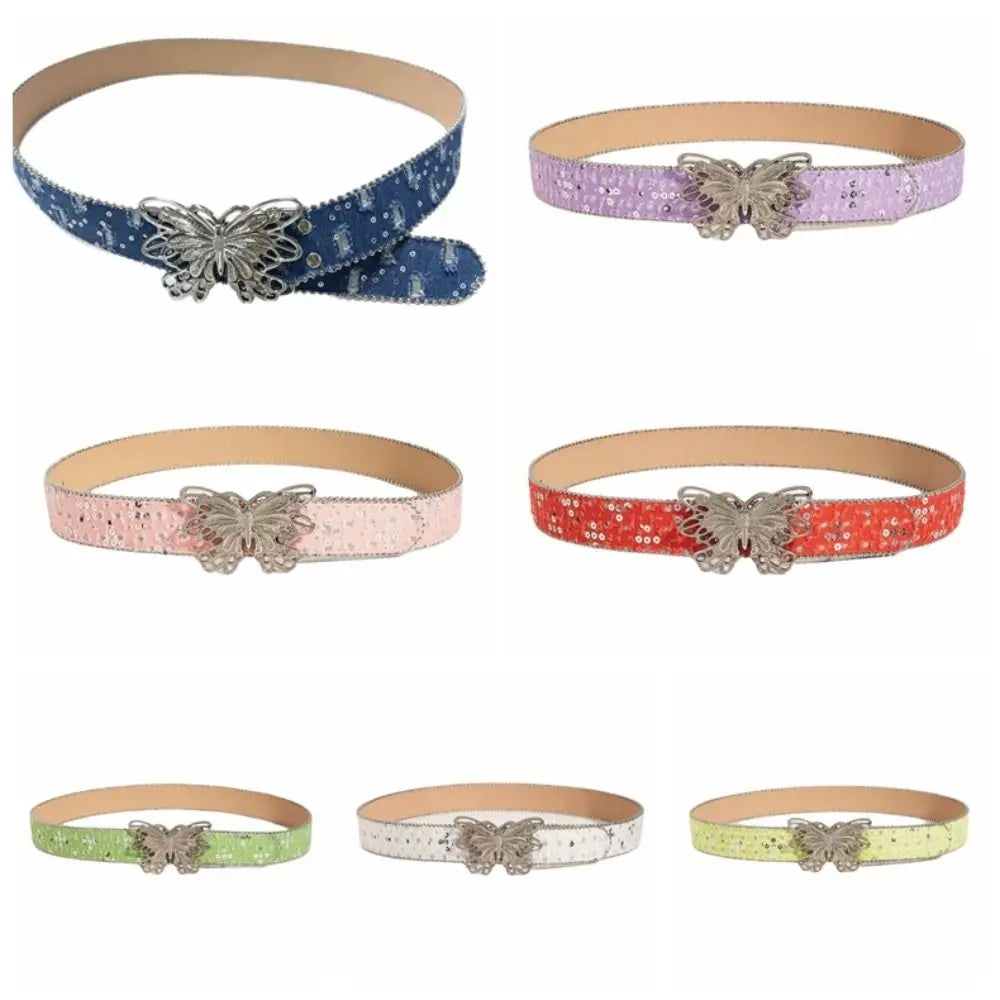 Fashion Sequins Butterfly Belt Y2K Hip Hop Wide Belt Punk Korean Style Denim Waistbands Daily Qme