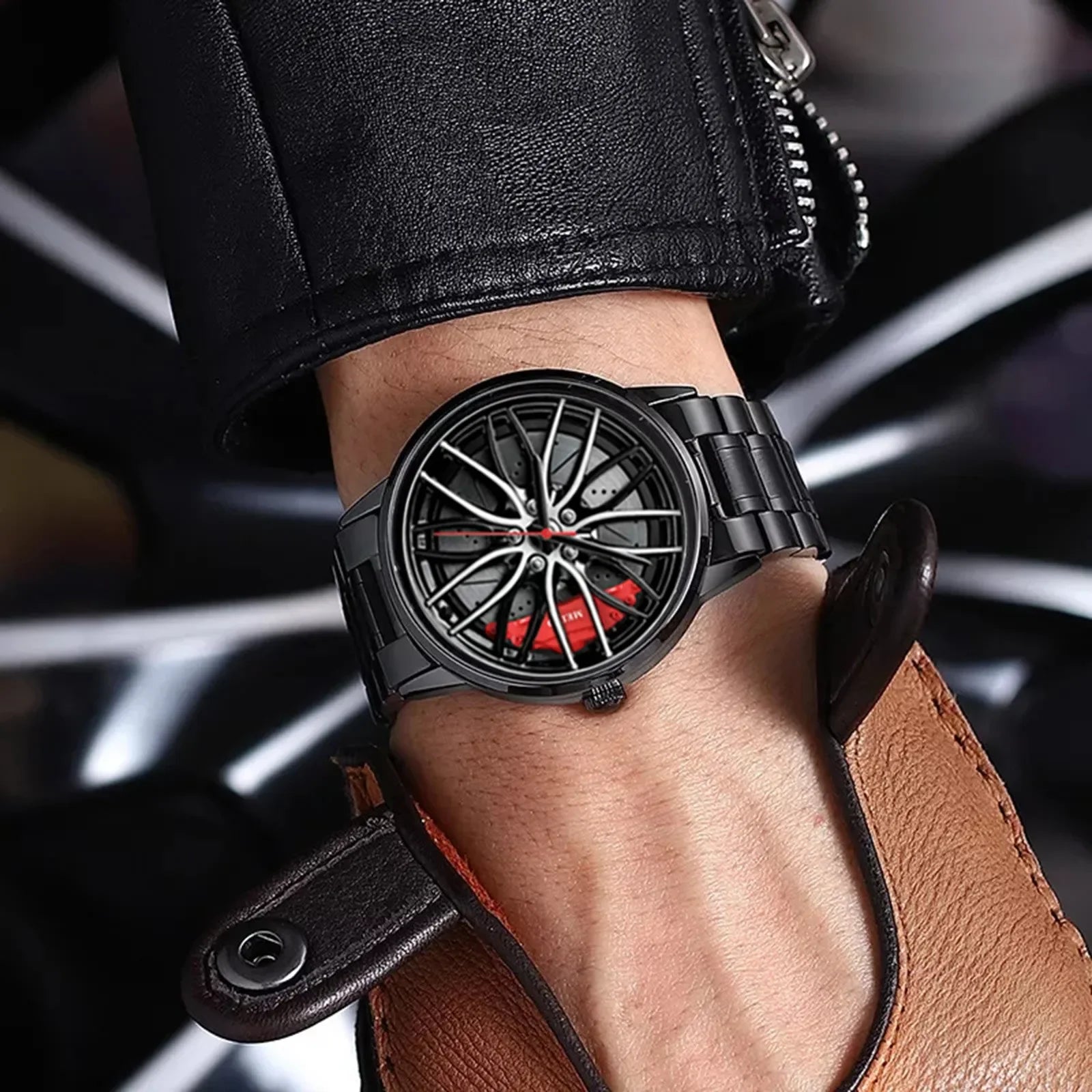 Car Watches For Men,Waterproof Stainless Steel Quartz Wrist Watch Sports Men’s Watches With Car Wheel Rim Hub Design Qme