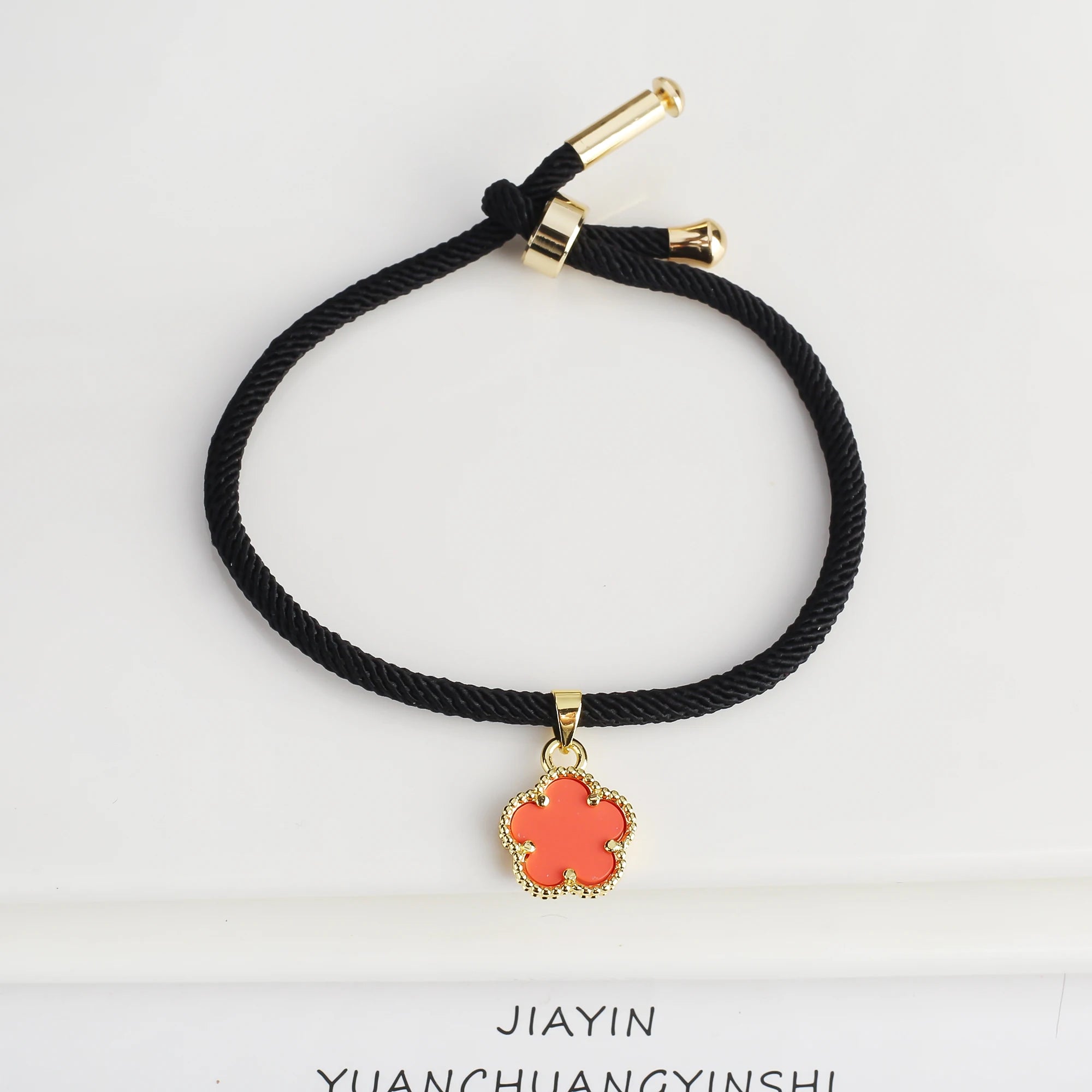 Simple Black Rope Braided Natural Stone Five Leaf Flower Bracelet Classic for Woman Girl High Quality Party Jewelry Gift Clover Qme Pink