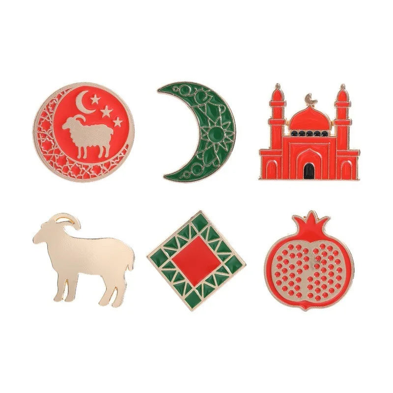Arabic Muslim Eid Decor Brooch Metal Enamel Lapel Pin Moon Sheep Mosque Pomegranate Pattern Ramadan Festival Gift Badge Qme Set