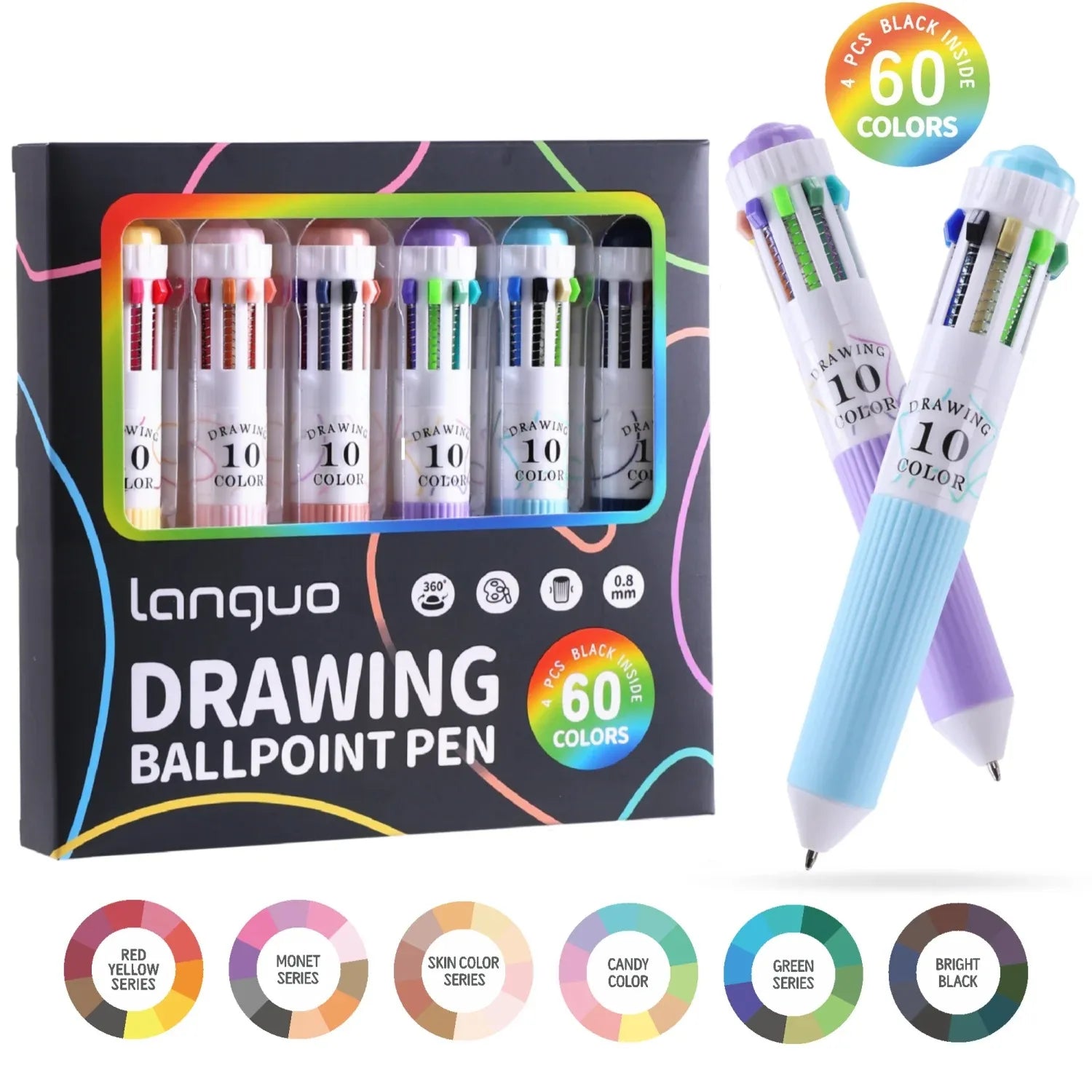 3/6/12 Pack of 10-color Colorful Ballpoint Pens - Smooth Rollerball Pen, Bullet Tip Ideal for Students and Prize Gifts, Suitable Qme 60 colors