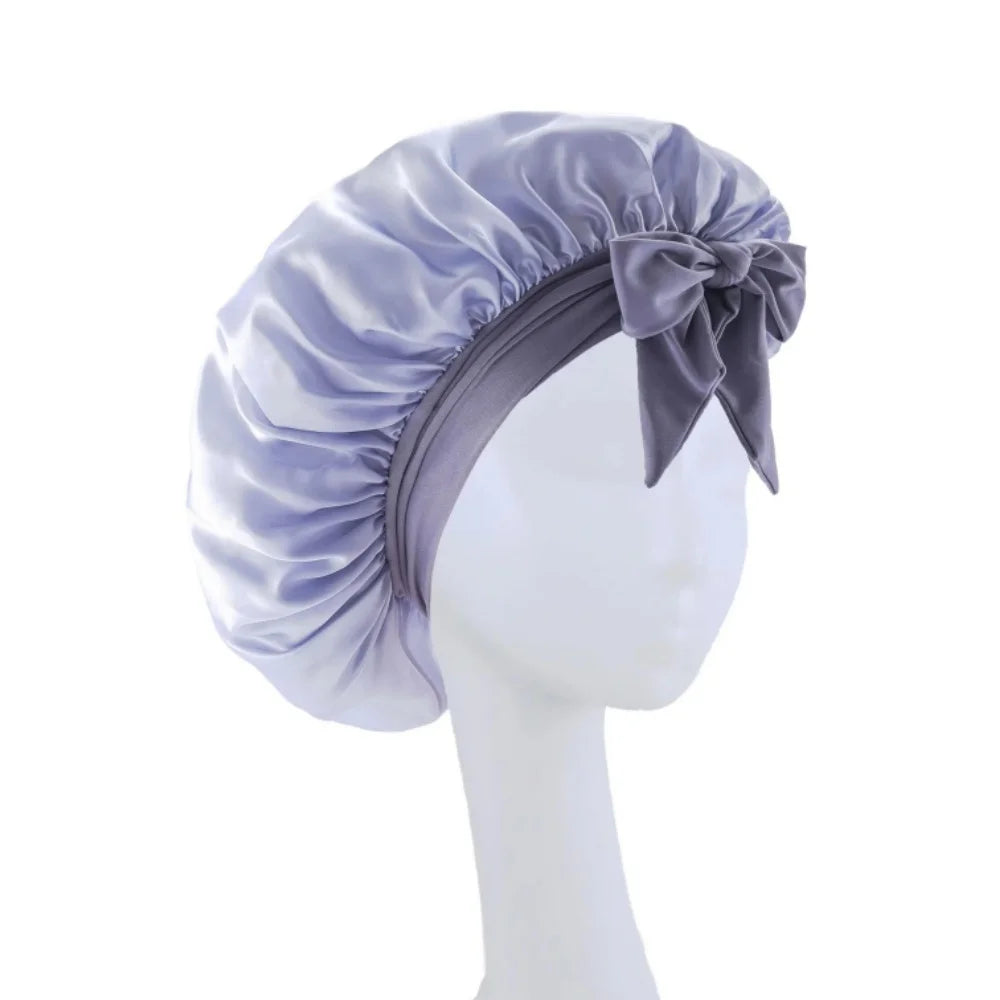 New Satin Solid Sleeping Hat With Stretchy Tie Band Elastic For Women Night Shower Cap Adjustable Hair Head Cover Bonnet Turban Qme GRAY
