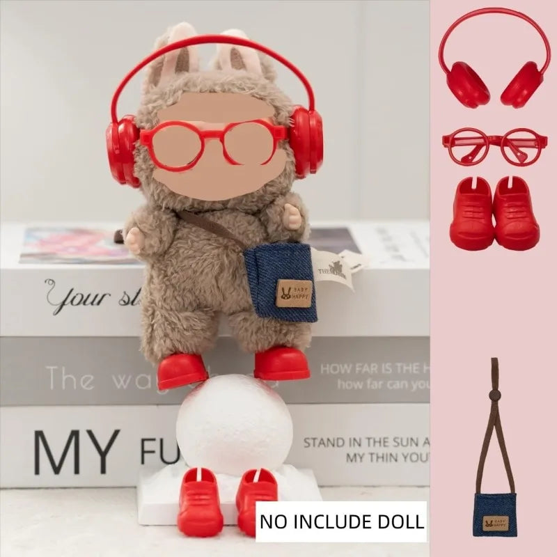 Suitable for LABUBU15-17cm dolls, 4 pairs of headphones, glasses, backpacks, shoes, interesting accessory decorations Qme