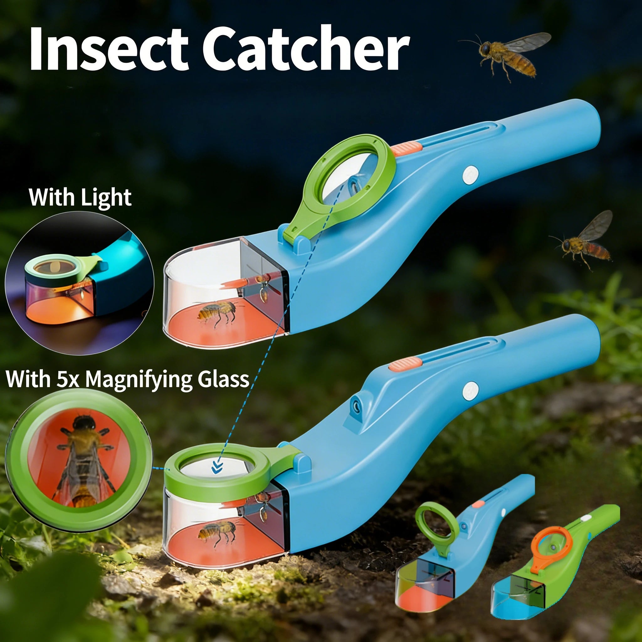 BugView 5X Magnifying Quick-Release Bug Catcher with LED Lights Insect Catcher Indoor & Outdoor STEM Toys Tool for Kids Adults Qme