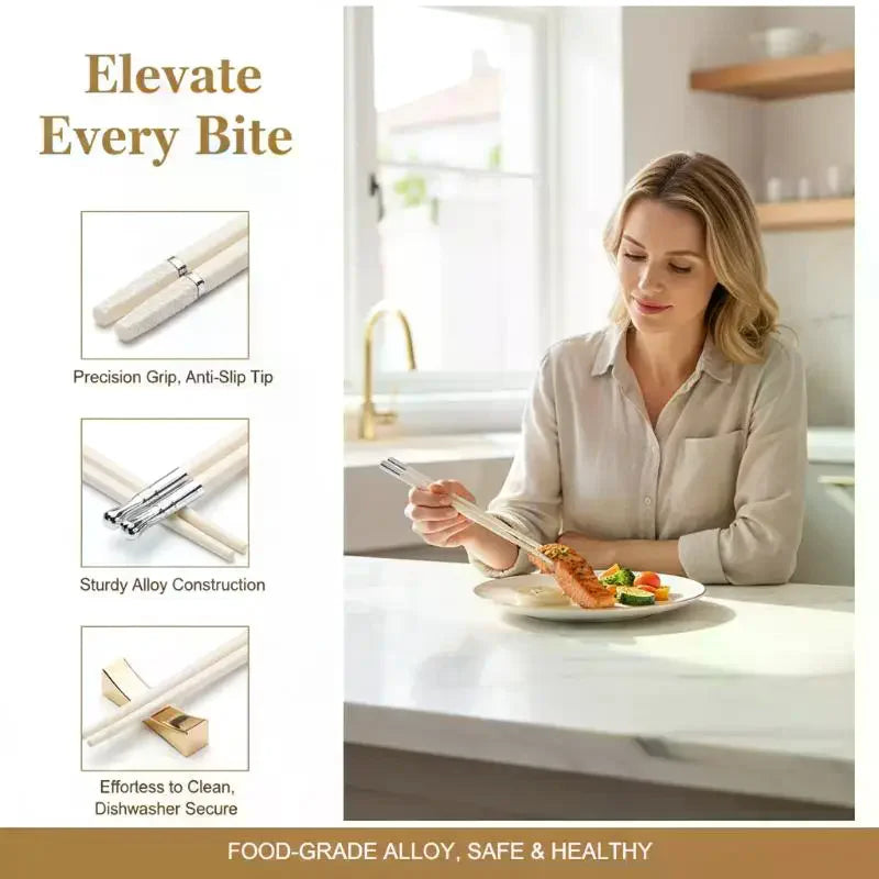 5/10Pairs White Gold Chopsticks Set Healthy Korean Sushi Sticks Chopsticks Reusable Non-slip Chopsticks For Party Hotel Restaura Qme