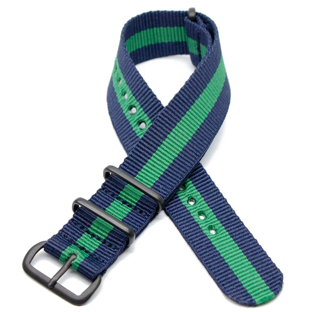 Sports Watch Band Nylon Strap Stainless Steel Black Frosted Buckle Adjustable 18MM 20MM 22MM 24MM Unisex Replacement Wristband Qme 2Blue 1Green 24mm