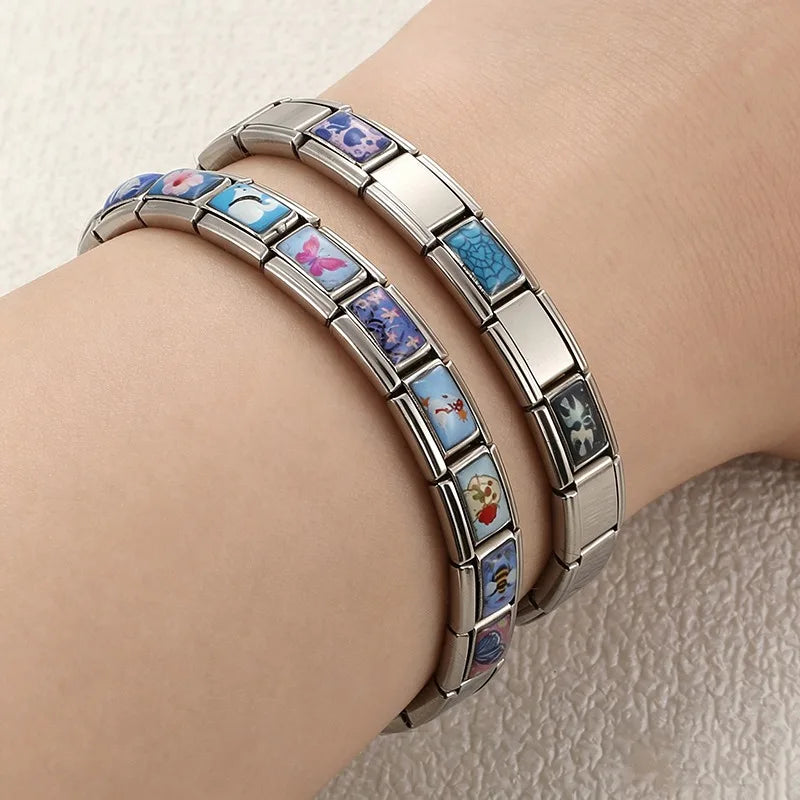 New Y2K Colorful Flowers Butterfly Bees Rose Dogs Swan Italian Charm Links Fit 9MM Stainless Steel Bracelet DIY Making Jewelry Qme