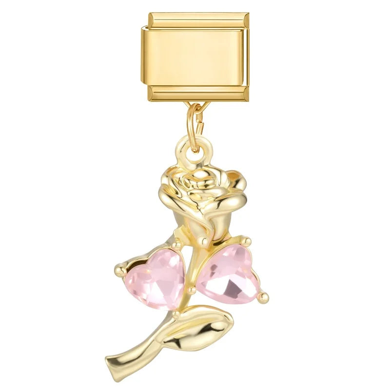 Fashion Flowers Rose Zircon Bowknot Butterfly Golden Italian Charm