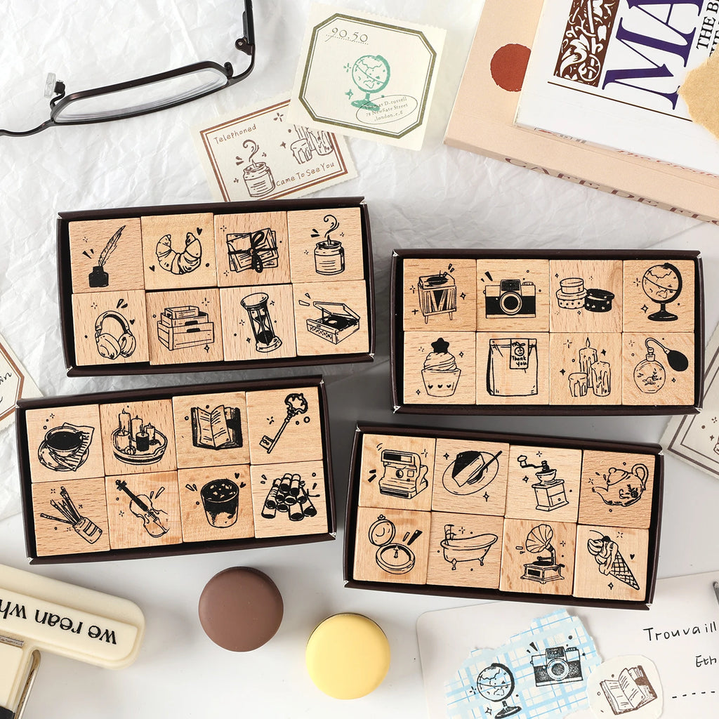 8 Pcs Vintage Cartoon series Wooden Rubber Letter Number Symbol Stamp Set For Card Making Planner Scrapbook Qme