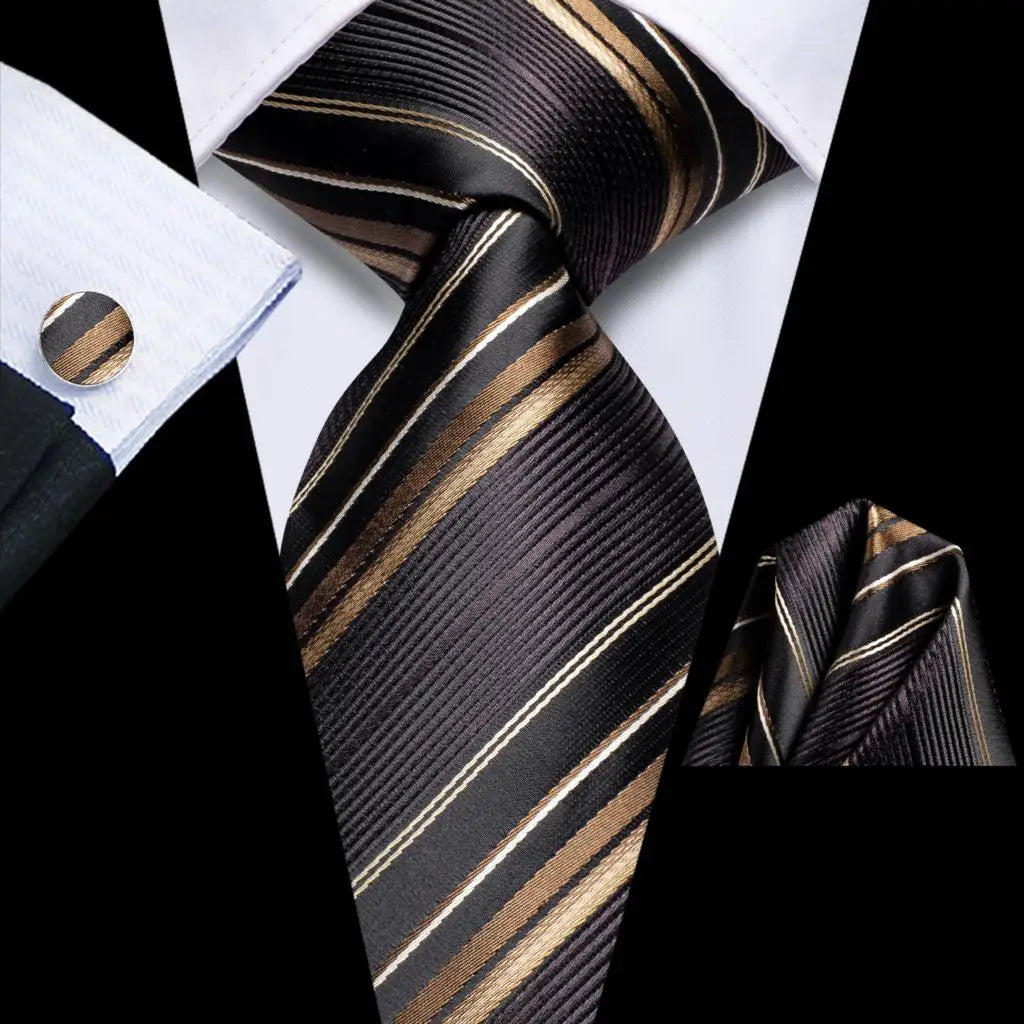 Hi-tie Striped Navy Blue Mens Fashion Necktie Handkerchief Cufflinks
