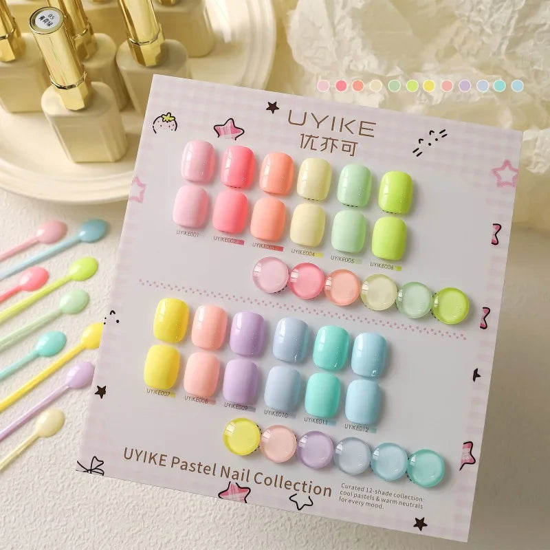 12 Colors Candy Macaron Gel Nail Polish Set, High Saturation Pastel Jelly Gel Polish, Soak Off UV LED Nail Art Manicure Set 15ml Qme