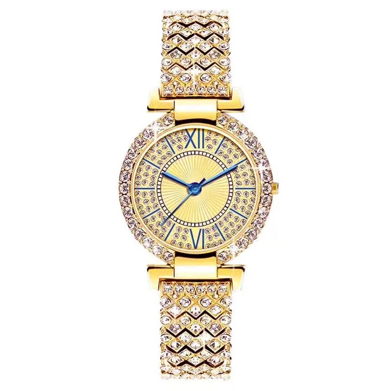 Ladies' Quartz Full Diamond Roman Watch Fashion Starry Sky Round Bracelet Watch High Beauty Women's Watch Qme Gold