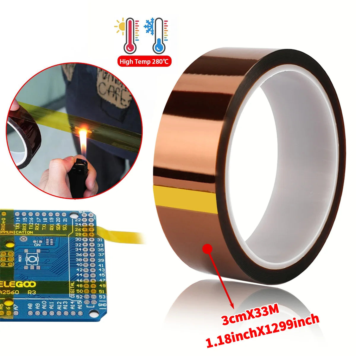 Gold Finger High Temp Heat Resistant Tapes Polyimide Adhesive Battery Wire Insulation Antistatic Circuit Board Protection Tape Qme 3cmX33M