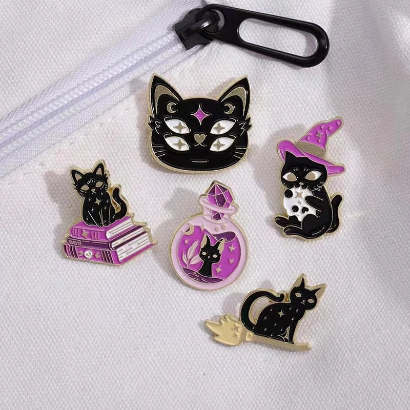 Witch Enamel Pin Punk Black White Cat Brooch Magic Hat Badge Book Wings Lapel Animal Goth Purple Crystal Jewelry Gift Wholesale Qme